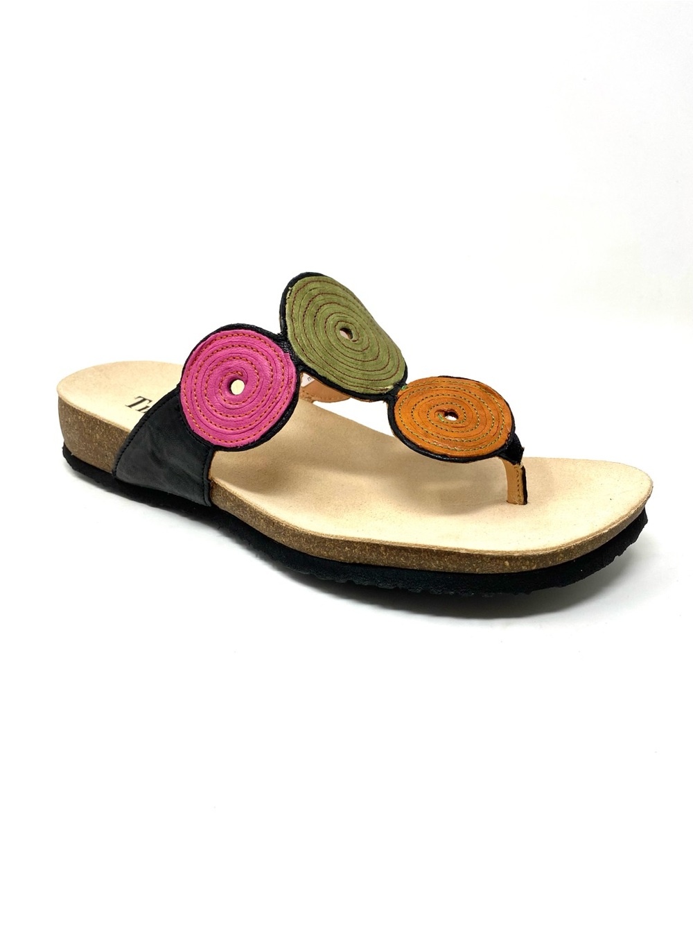 Think! Julia Black Leather Circles Sandals 372-0010BK NIB Comfort Slide